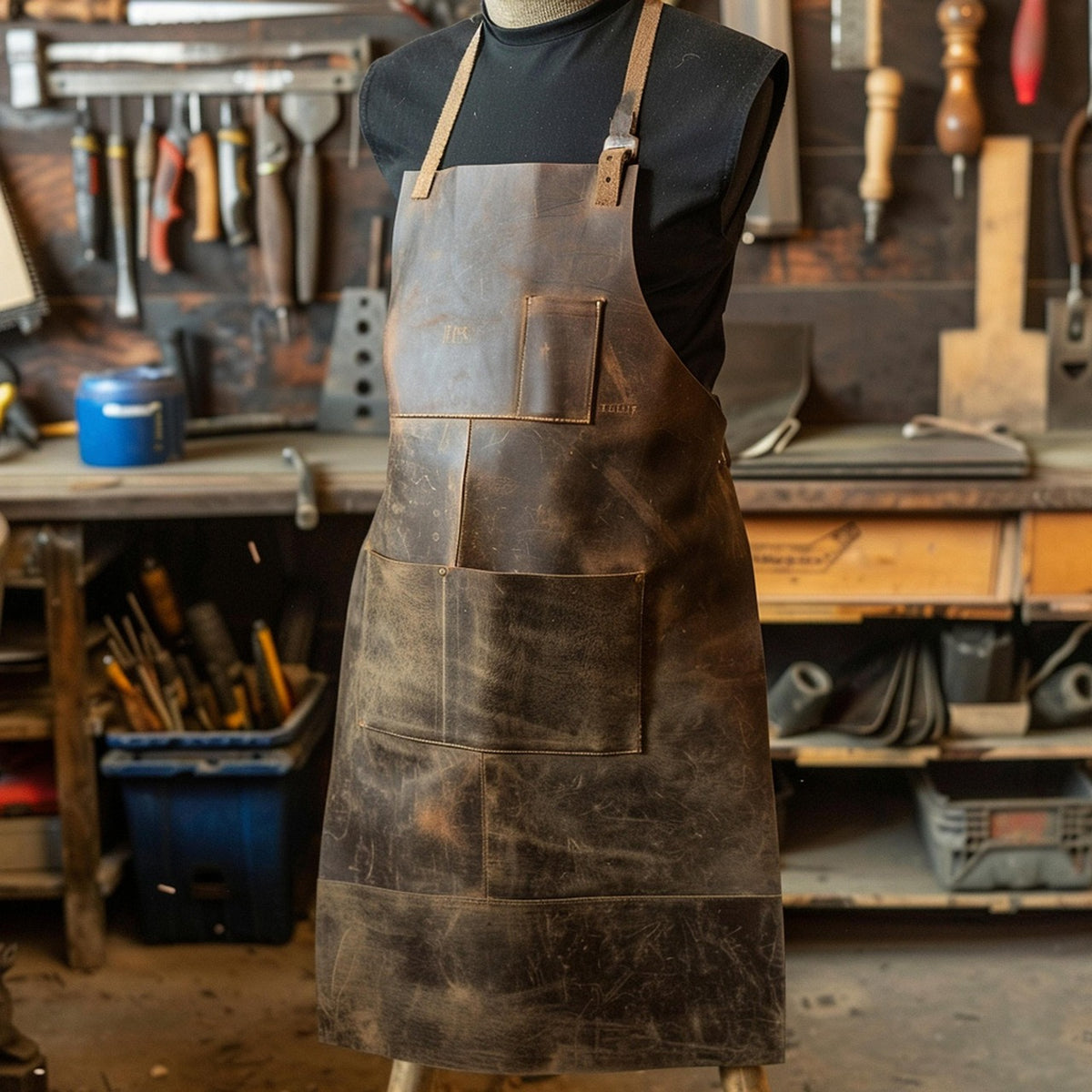 Leather workshop with a hide apron hanging beside a bench of tools