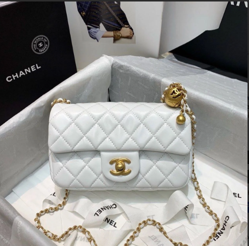 Chanel Classic Flap With Charm Chain With CC Details On Strap Bag 20cm Gold Hardware Lambskin Leather Spring/Summer Collection, White