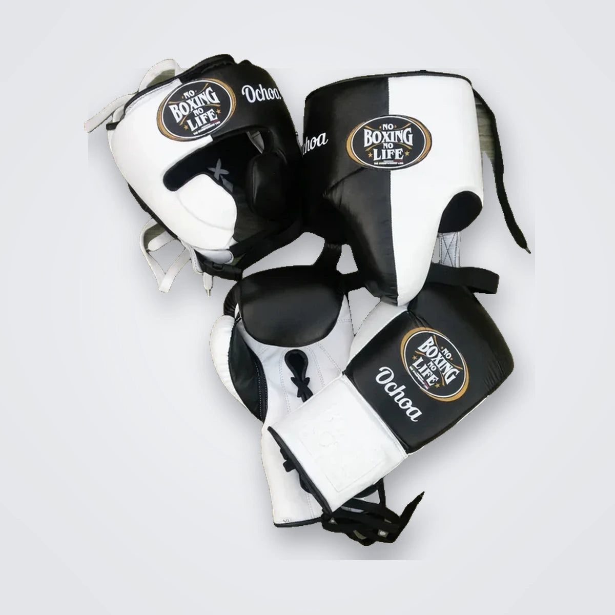 UKmets Custom Boxing Set: Black & White Lace-Up Gloves, Headgear & Groin Guard