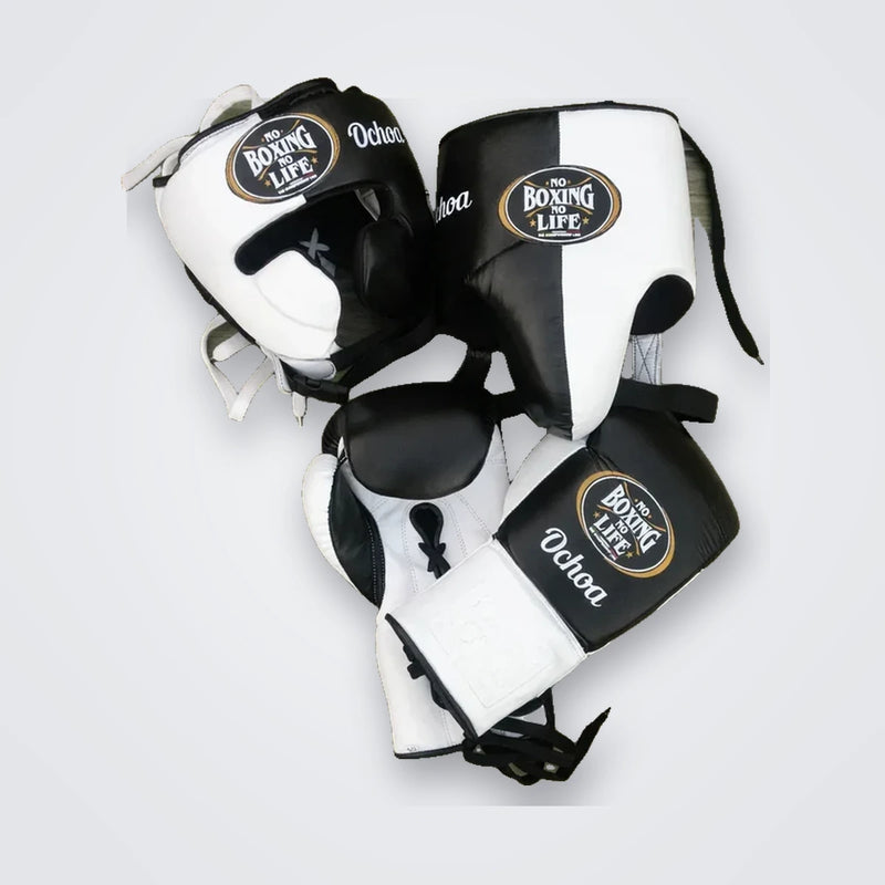 UKmets Custom Boxing Set: Black & White Lace-Up Gloves, Headgear & Groin Guard