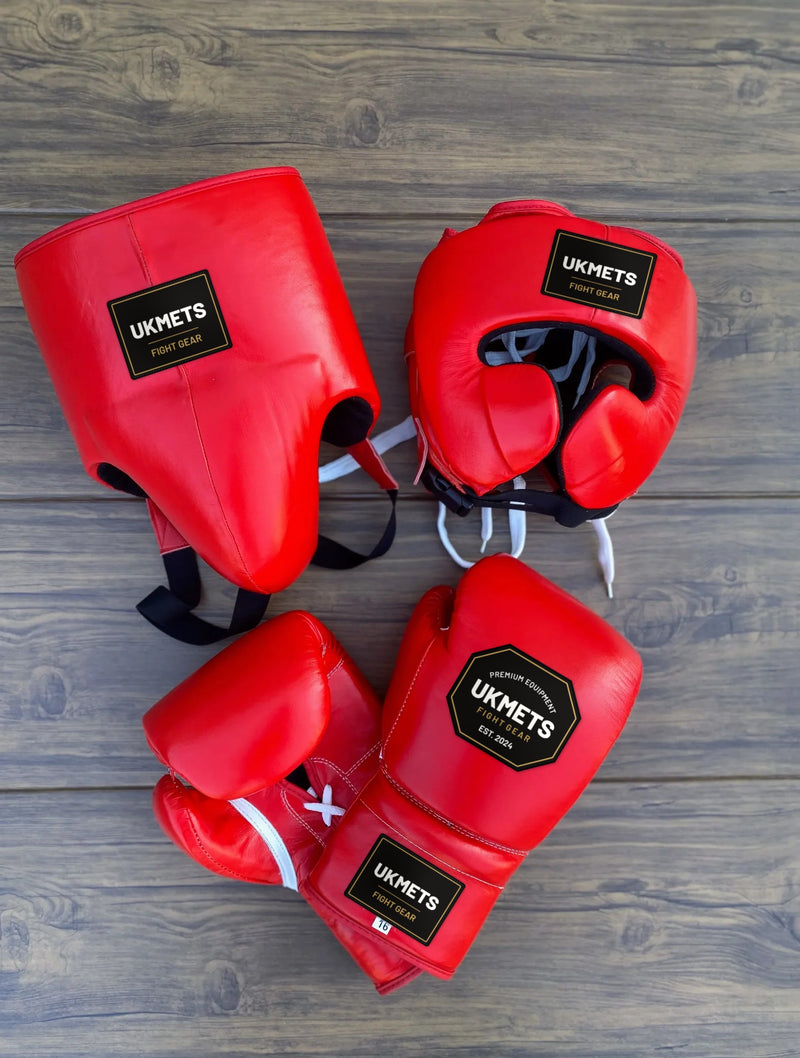 UKmets Red Boxing Gloves Set with Face Bar Headgear & Groin Guard