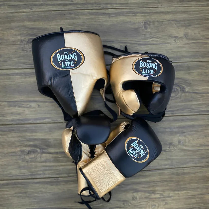 UKmets Black & Gold Boxing Sparring Set: Gloves, Headgear & Groin Guard