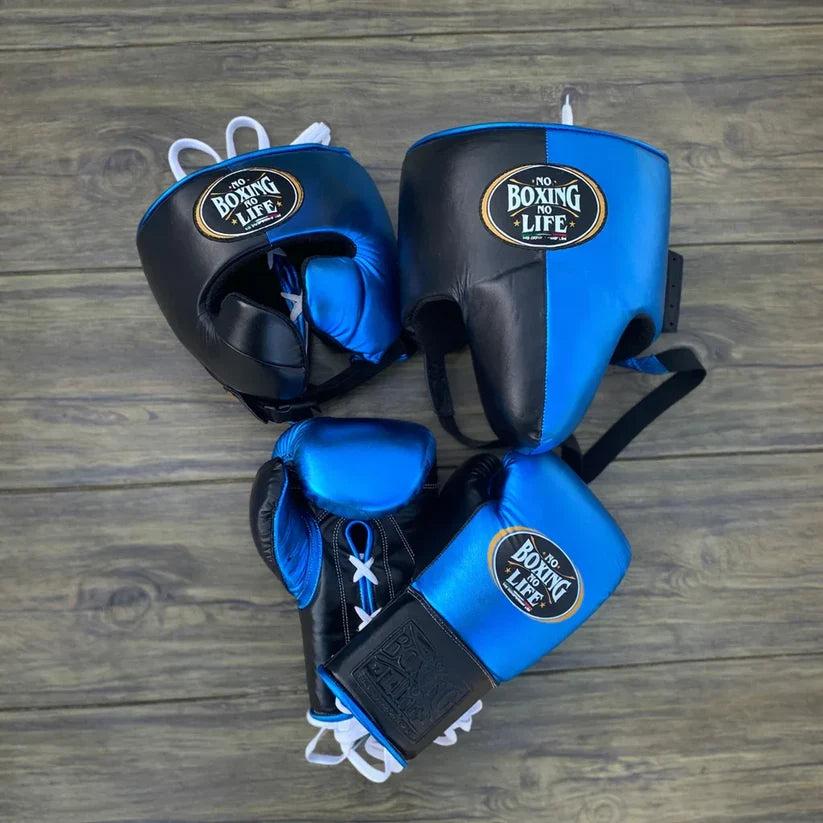 UKmets Blue & Black Boxing Set: Lace-Up Gloves, Headgear & Groin Guard