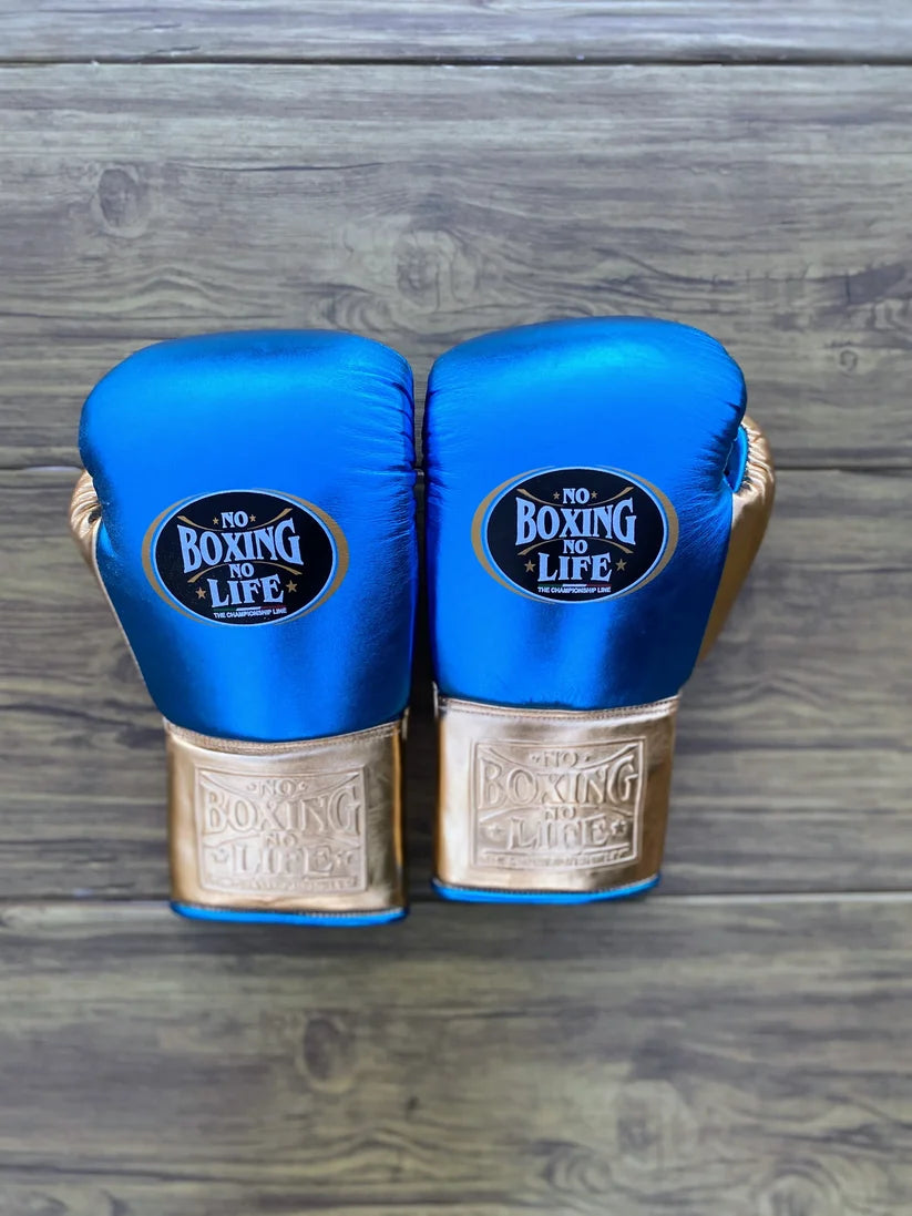 UKmets Blue & Gold Boxing Set: Lace-Up Gloves, Headgear & Groin Guard