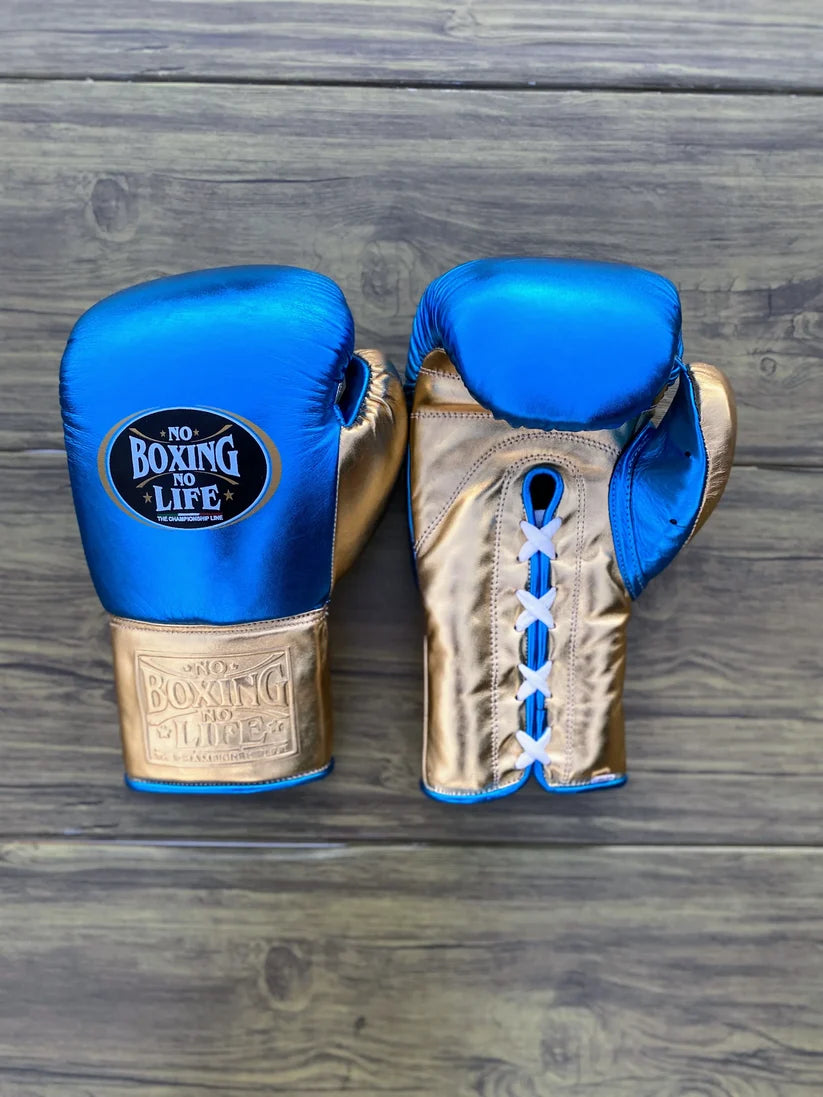 UKmets Blue & Gold Boxing Set: Lace-Up Gloves, Headgear & Groin Guard