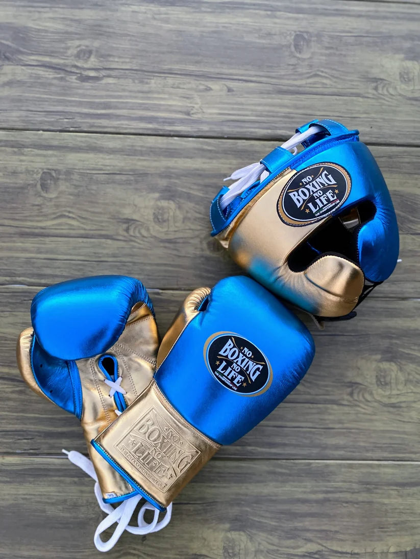 UKmets Blue & Gold Boxing Set: Lace-Up Gloves, Headgear & Groin Guard