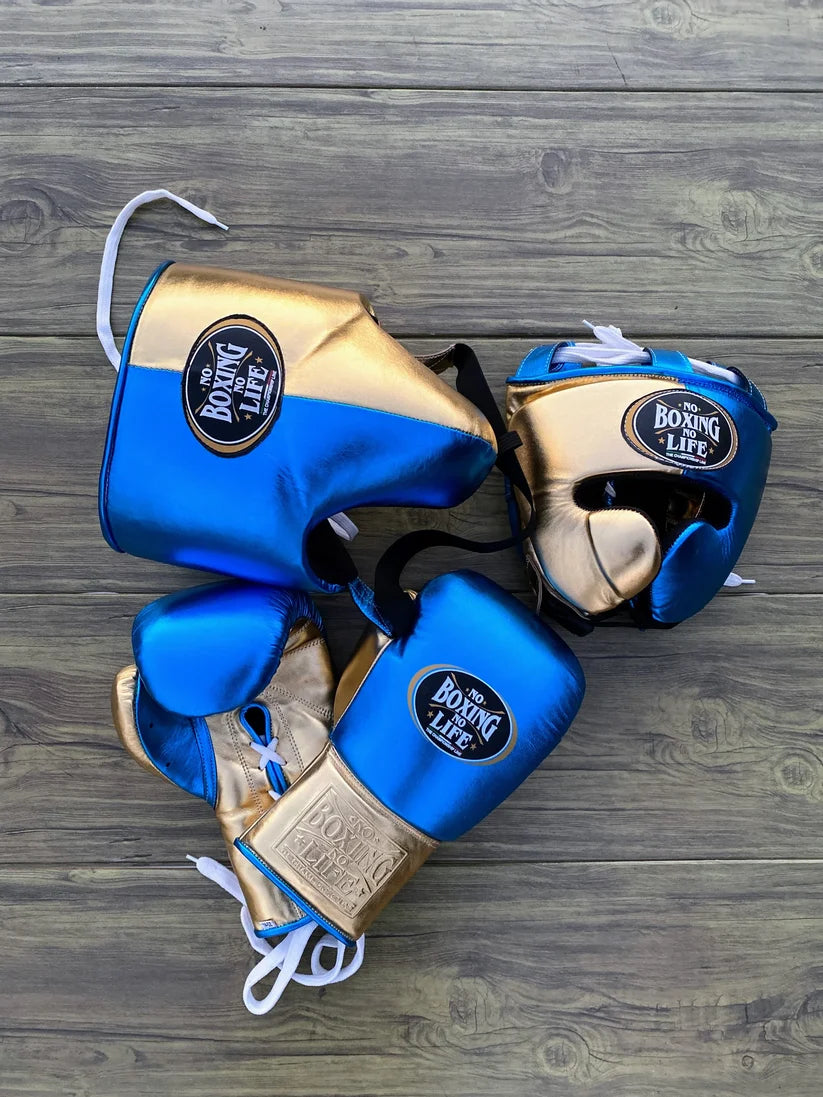 UKmets Blue & Gold Boxing Set: Lace-Up Gloves, Headgear & Groin Guard
