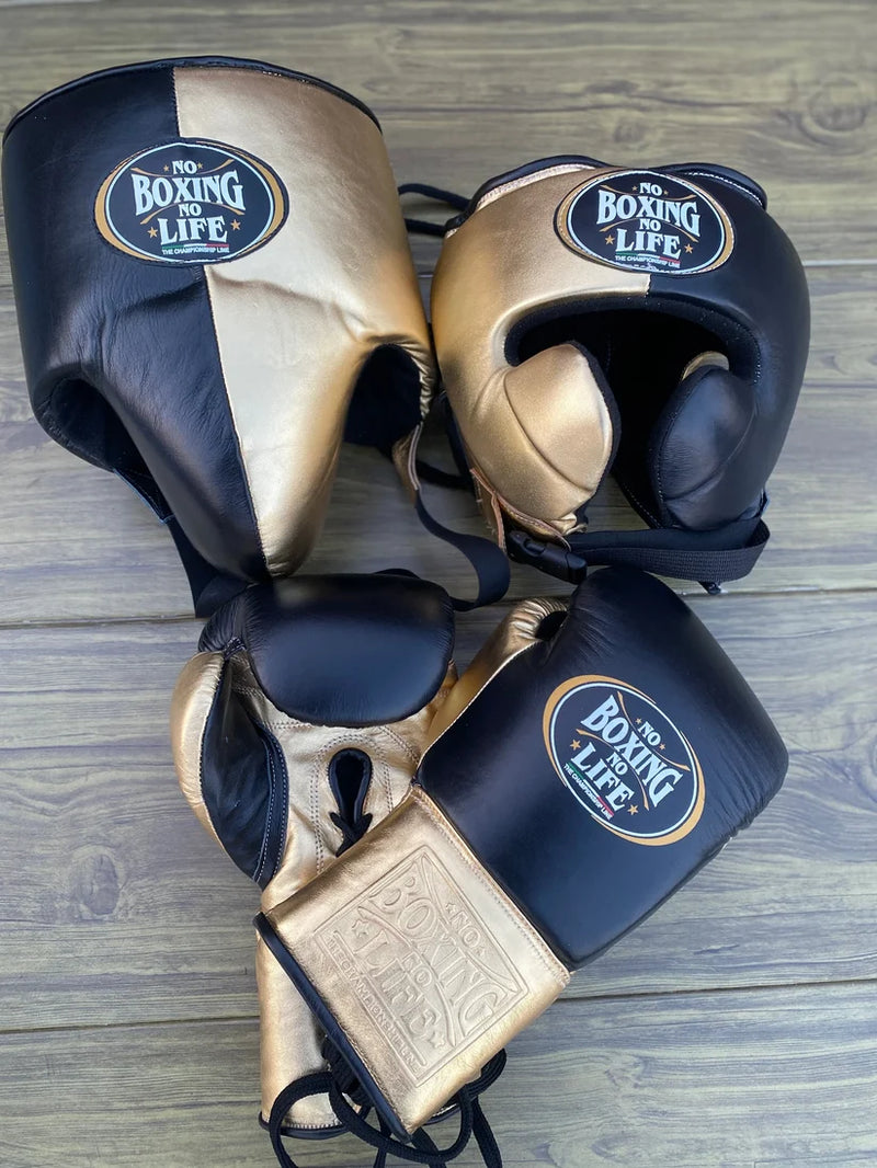 UKmets Black & Gold Boxing Sparring Set: Gloves, Headgear & Groin Guard