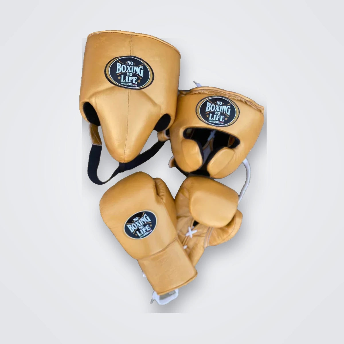 UKmets Gold Boxing Set: Lace-Up Gloves, Headgear & Groin Guard