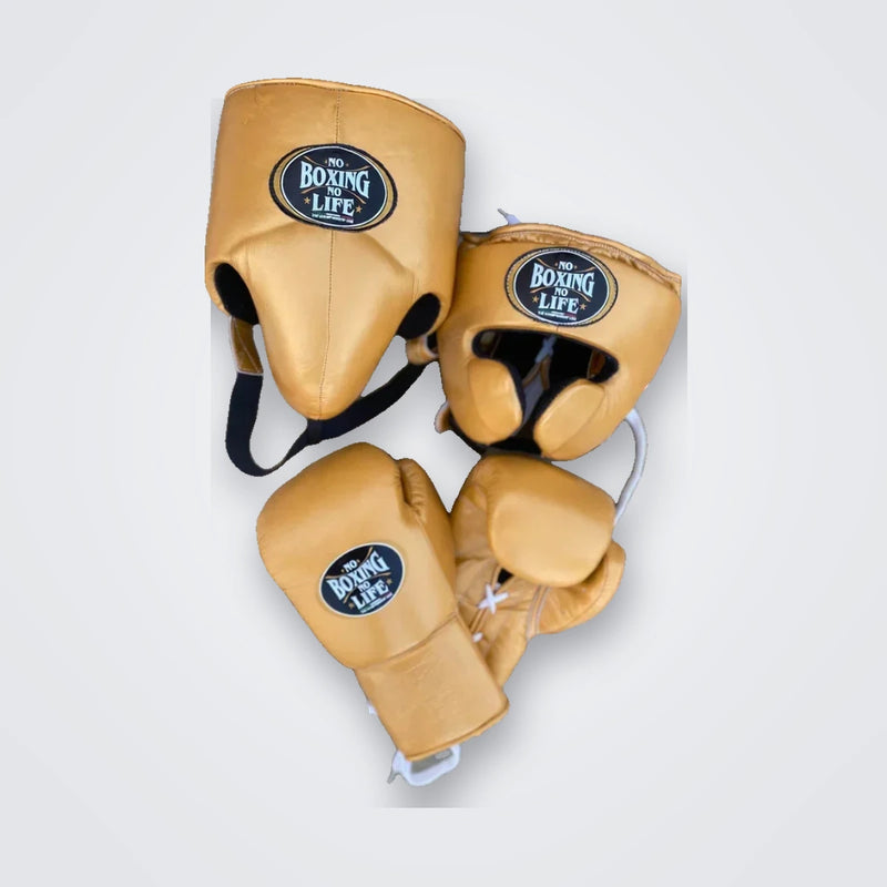 UKmets Gold Boxing Set: Lace-Up Gloves, Headgear & Groin Guard