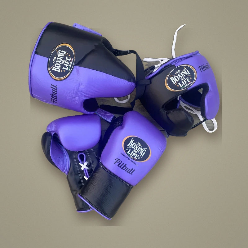UKmets Purple & Black Boxing Set: Lace-Up Gloves, Headgear & Groin Guard