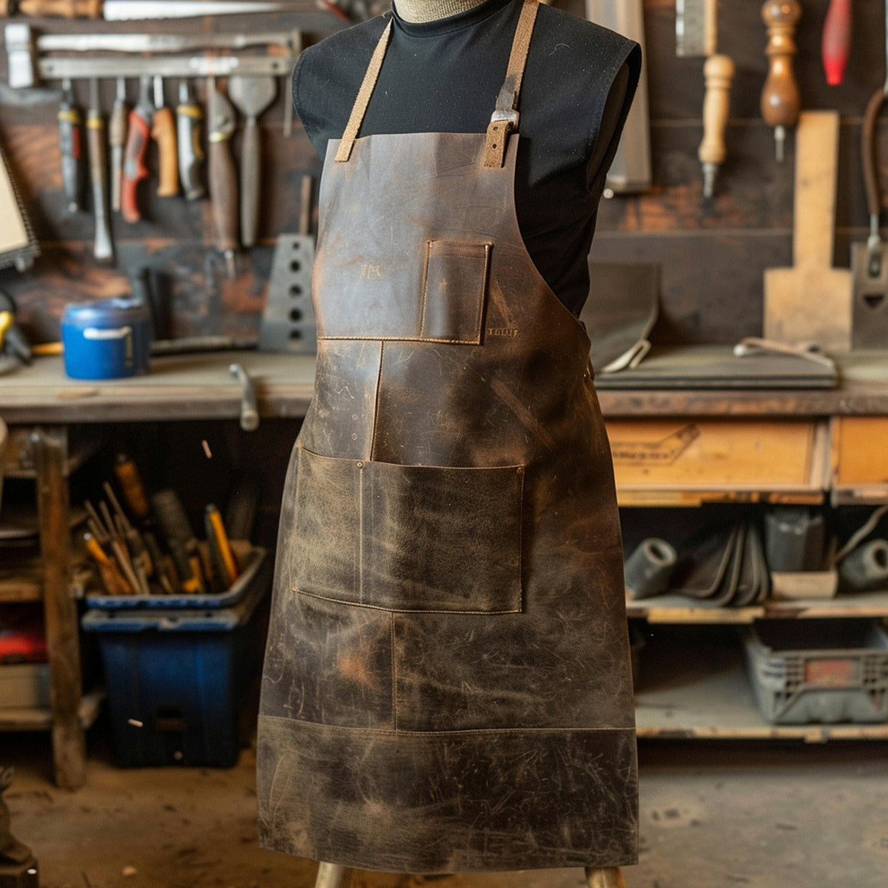 Leather workshop with a hide apron hanging beside a bench of tools