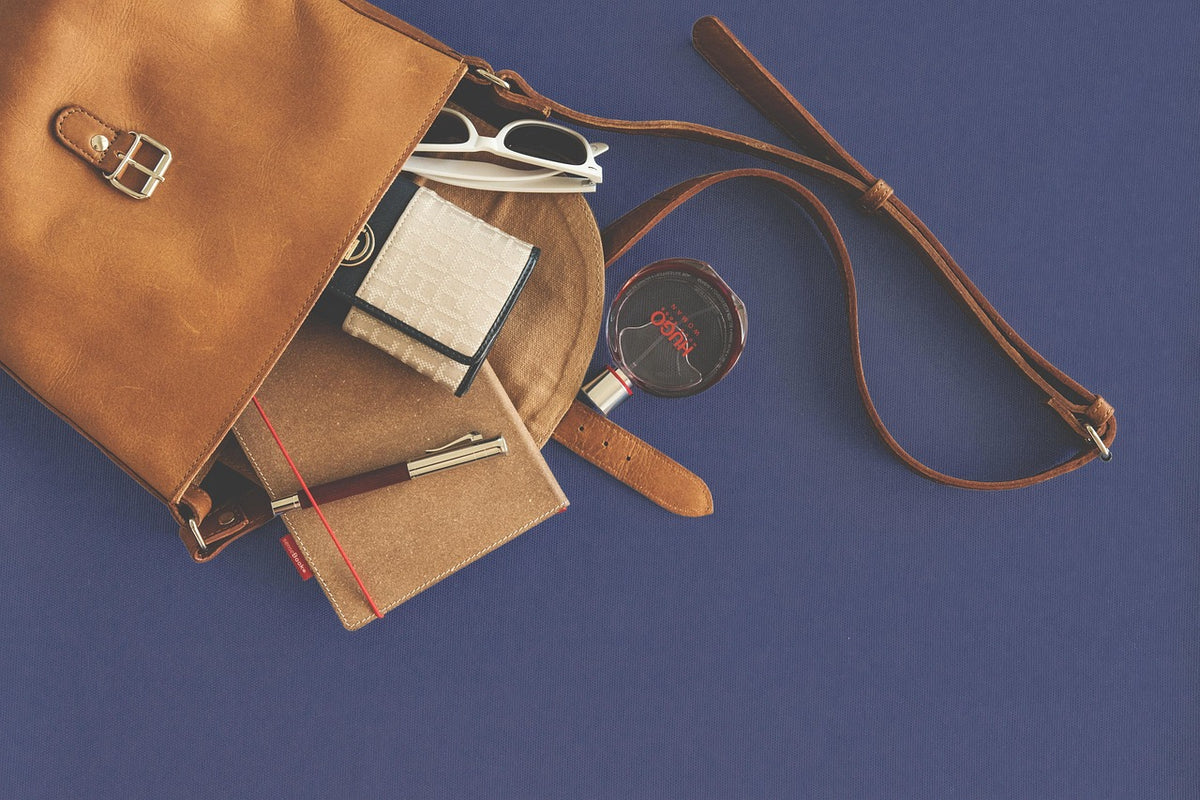 Tan leather tote photographed from above